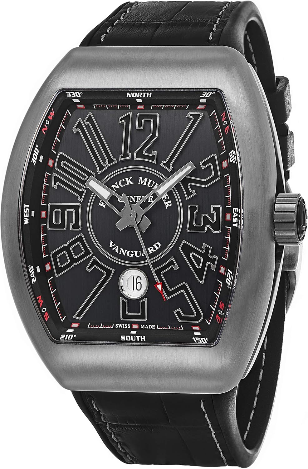 Vanguard Mens Titanium Swiss Made Automatic Watch - Tonneau Black Dial with Luminous Hands, Date and Sapphire Crystal - Black Leather/Rubber Strap V 45 SC DT TT BR NR-Replica